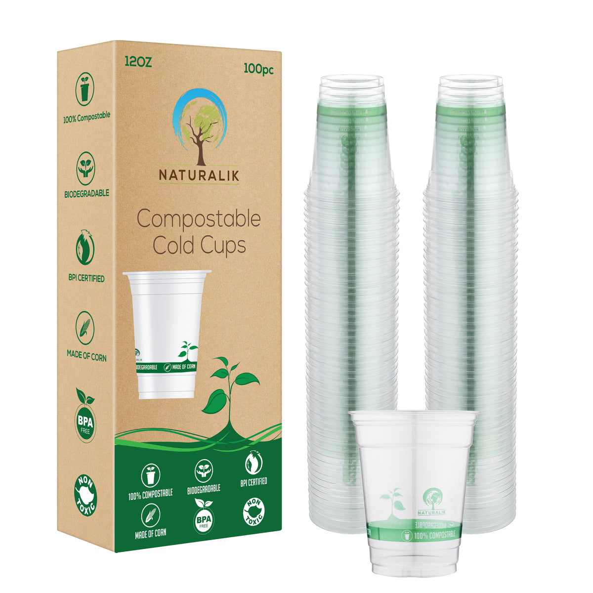 Naturalik 100pc 12-Ounce Clear Cold Cups- Compostable and Eco Friendly  (100pc, Clear PLA Cups)