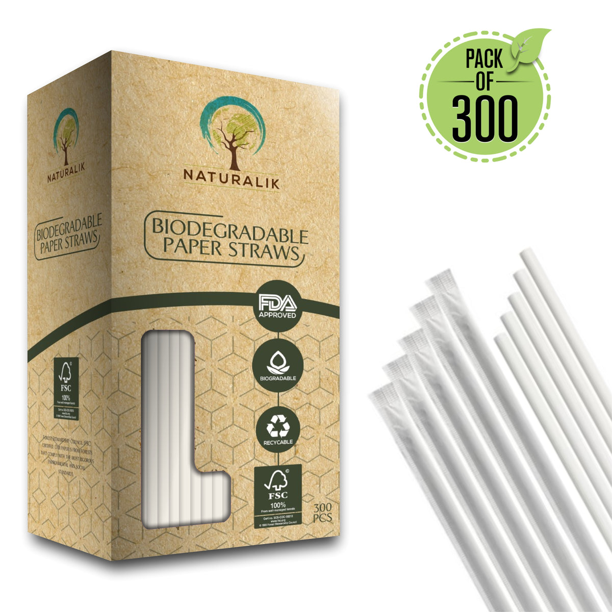 Naturalik 300pc Sturdy Biodegradable Paper Straws Heavy Duty- Dye-Free