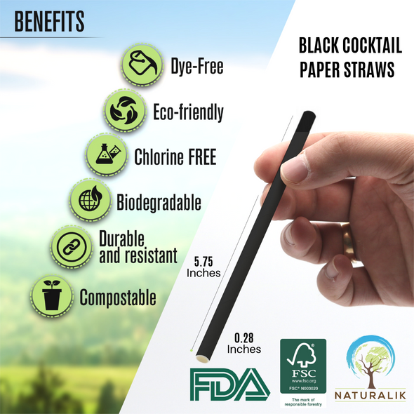 Naturalik Black Cocktail Paper Straws 500-Pack 5.75"